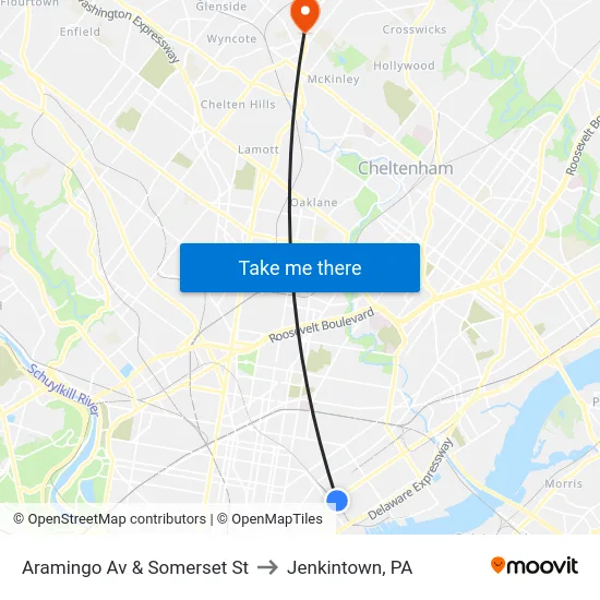 Aramingo Av & Somerset St to Jenkintown, PA map
