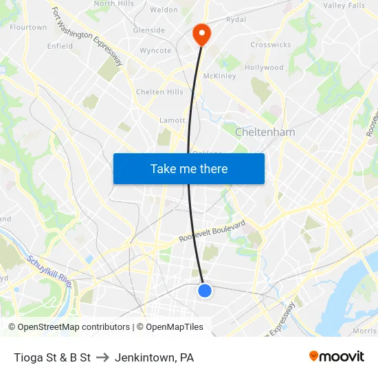 Tioga St & B St to Jenkintown, PA map