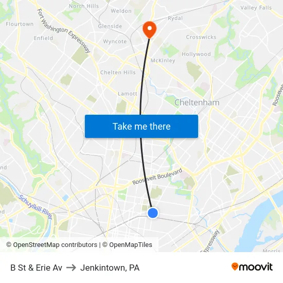 B St & Erie Av to Jenkintown, PA map