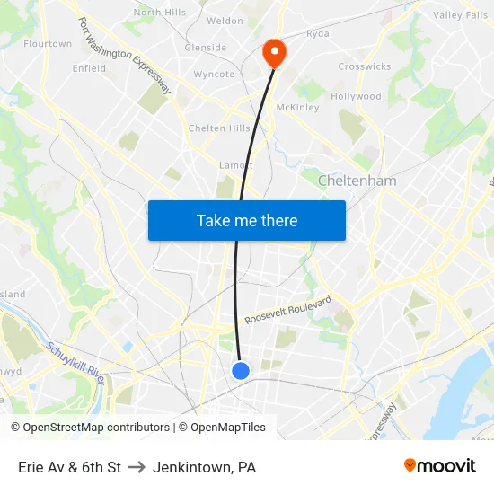 Erie Av & 6th St to Jenkintown, PA map