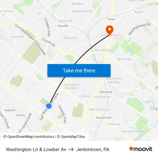 Washington Ln & Lowber Av to Jenkintown, PA map
