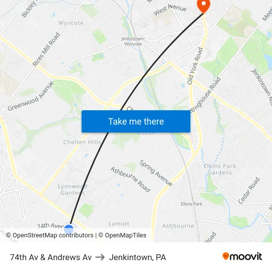 74th Av & Andrews Av to Jenkintown, PA map
