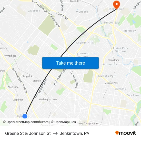 Greene St & Johnson St to Jenkintown, PA map