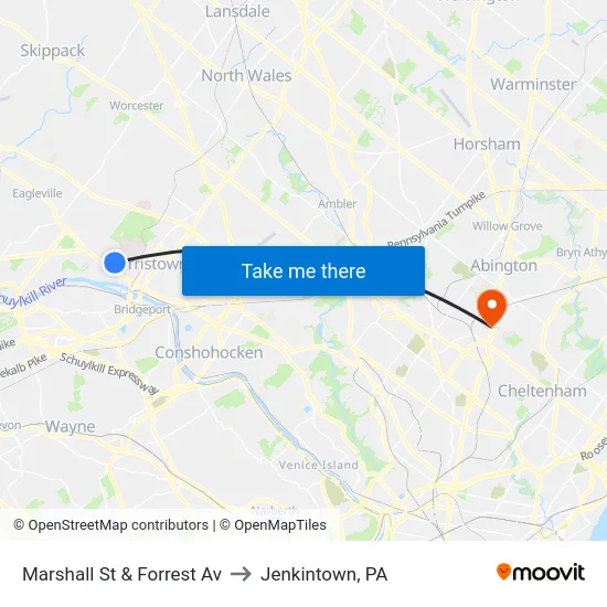 Marshall St & Forrest Av to Jenkintown, PA map