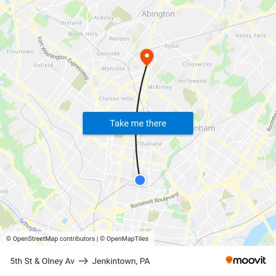 5th St & Olney Av to Jenkintown, PA map