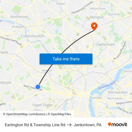 Earlington Rd & Township Line Rd to Jenkintown, PA map