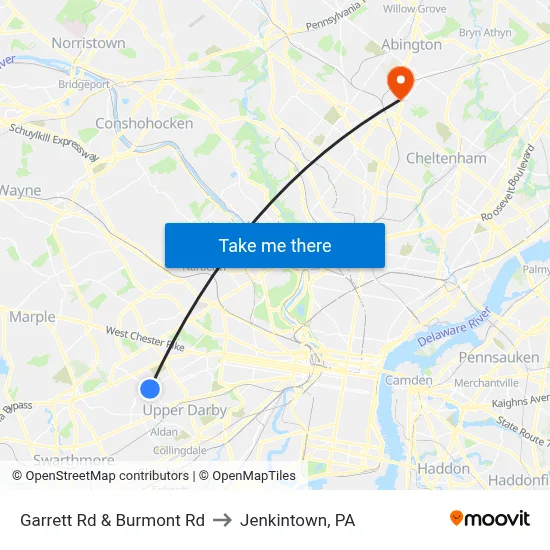 Garrett Rd & Burmont Rd to Jenkintown, PA map