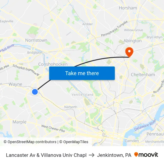 Lancaster Av & Villanova Univ Chapl to Jenkintown, PA map