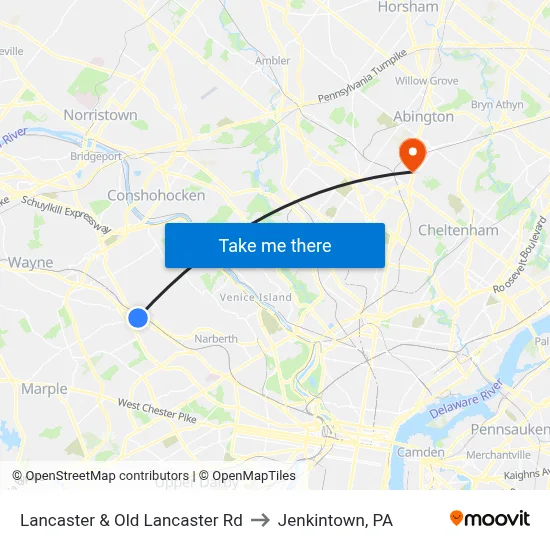 Lancaster & Old Lancaster Rd to Jenkintown, PA map