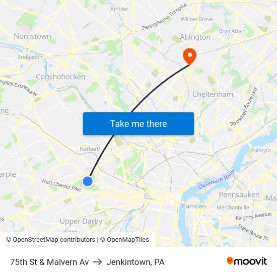 75th St & Malvern Av to Jenkintown, PA map