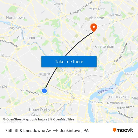 75th St & Lansdowne Av to Jenkintown, PA map