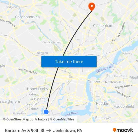 Bartram Av & 90th St to Jenkintown, PA map