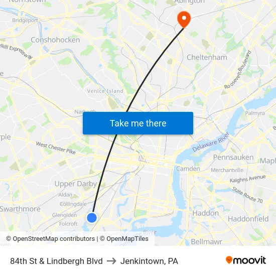 84th St & Lindbergh Blvd to Jenkintown, PA map