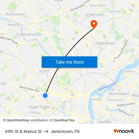 69th St & Walnut St to Jenkintown, PA map