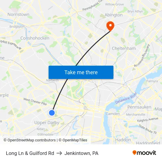 Long Ln & Guilford Rd to Jenkintown, PA map