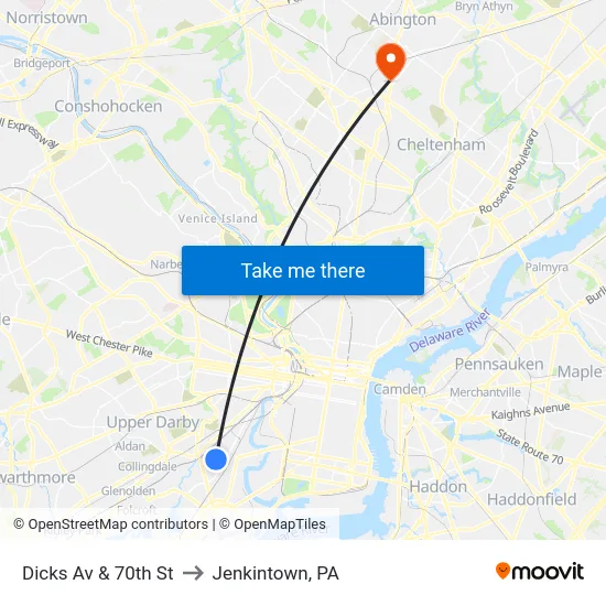 Dicks Av & 70th St to Jenkintown, PA map