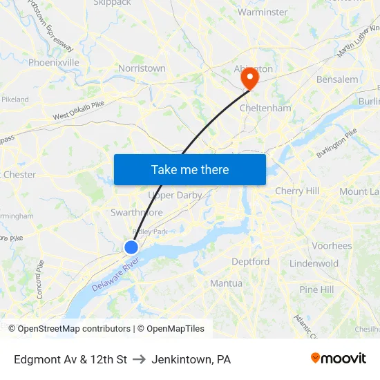 Edgmont Av & 12th St to Jenkintown, PA map