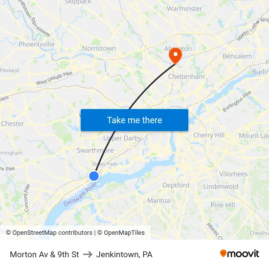 Morton Av & 9th St to Jenkintown, PA map