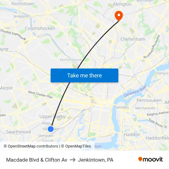 Macdade Blvd & Clifton Av to Jenkintown, PA map