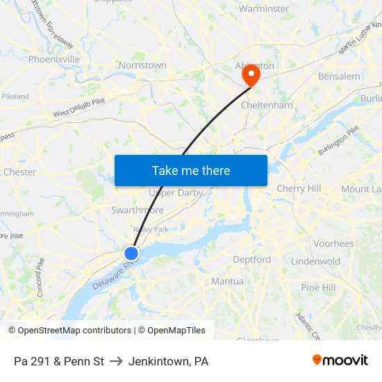Pa 291 & Penn St to Jenkintown, PA map