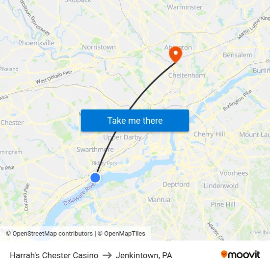 Harrah's Chester Casino to Jenkintown, PA map