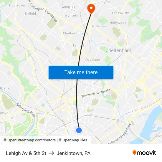 Lehigh Av & 5th St to Jenkintown, PA map