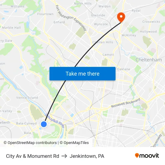 City Av & Monument Rd to Jenkintown, PA map