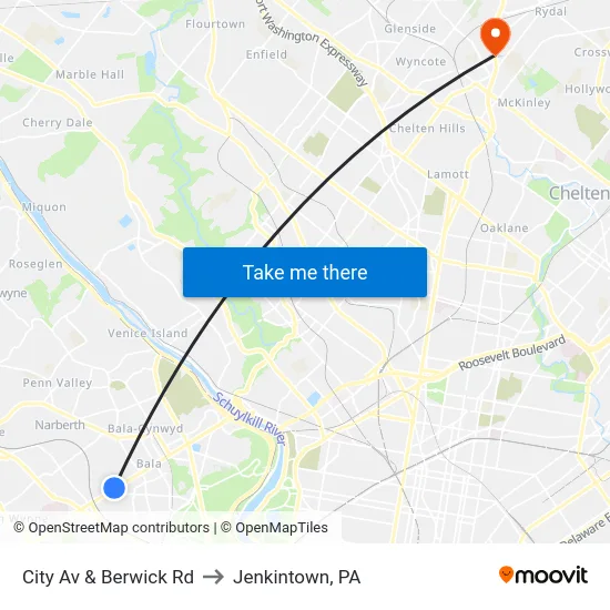 City Av & Berwick Rd to Jenkintown, PA map