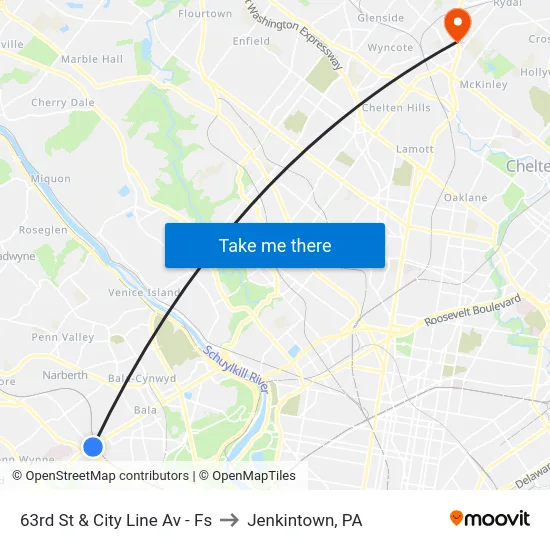 63rd St & City Line Av - Fs to Jenkintown, PA map