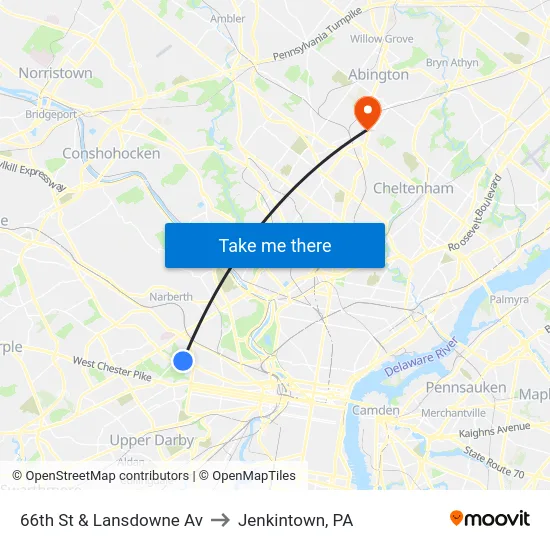 66th St & Lansdowne Av to Jenkintown, PA map
