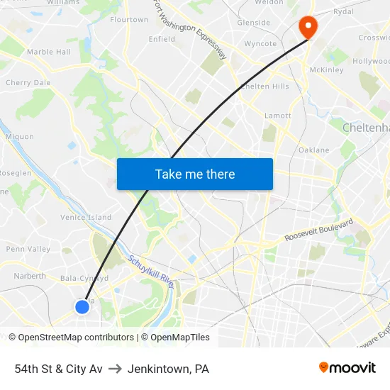 54th St & City Av to Jenkintown, PA map