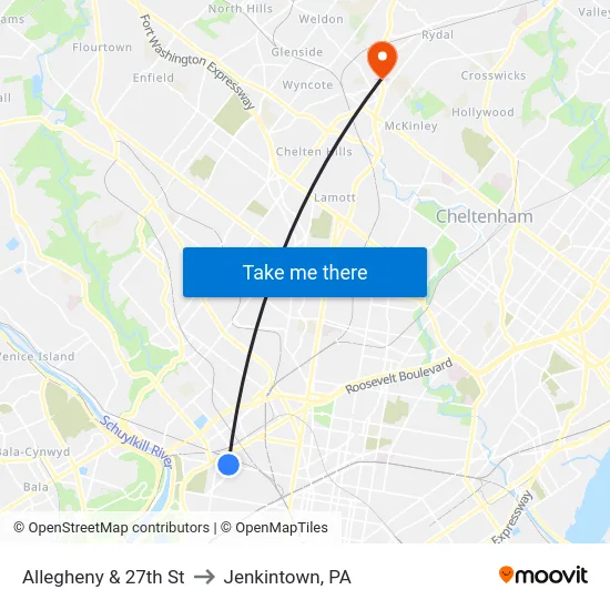 Allegheny & 27th St to Jenkintown, PA map