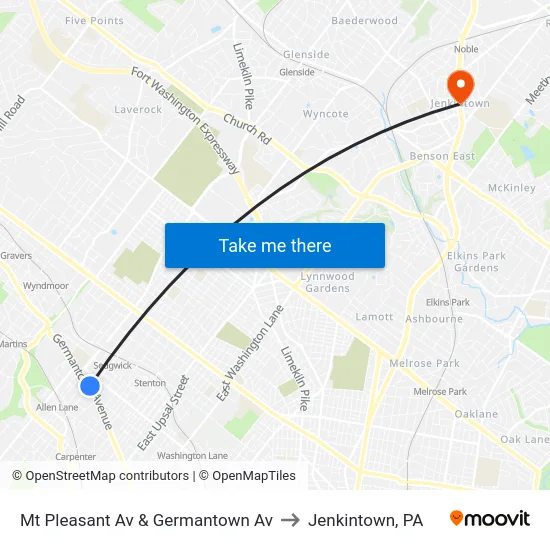 Mt Pleasant Av & Germantown Av to Jenkintown, PA map