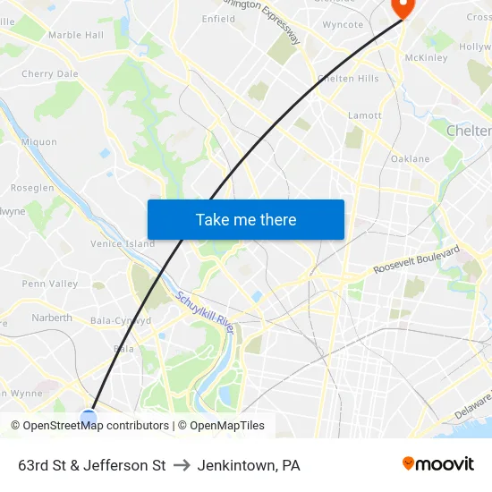 63rd St & Jefferson St to Jenkintown, PA map