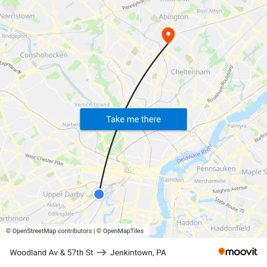 Woodland Av & 57th St to Jenkintown, PA map