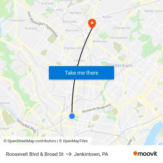 Roosevelt Blvd & Broad St to Jenkintown, PA map