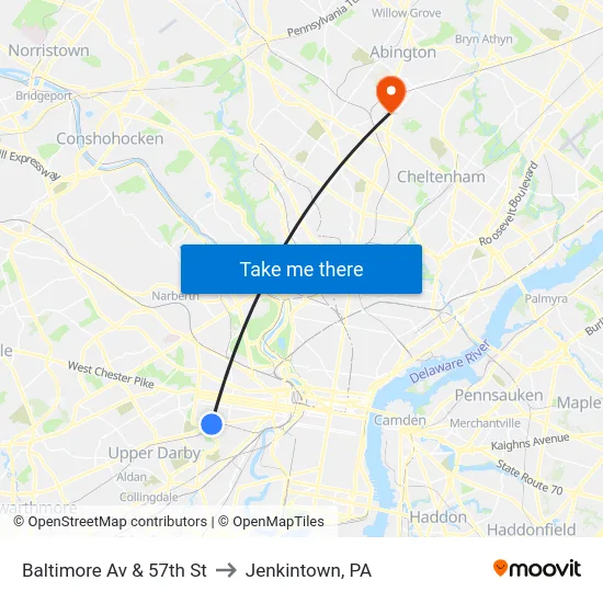Baltimore Av & 57th St to Jenkintown, PA map