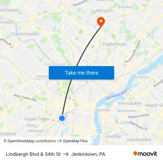 Lindbergh Blvd & 54th St to Jenkintown, PA map