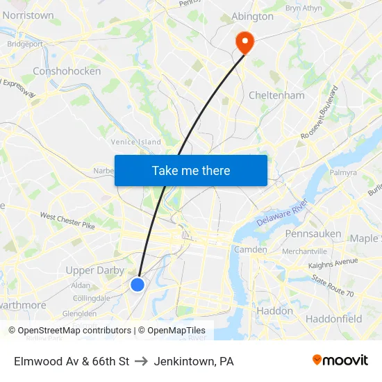 Elmwood Av & 66th St to Jenkintown, PA map