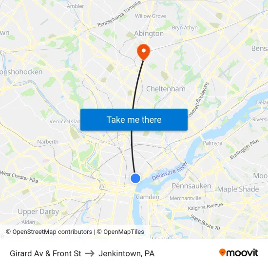 Girard Av & Front St to Jenkintown, PA map