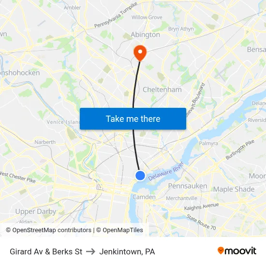 Girard Av & Berks St to Jenkintown, PA map