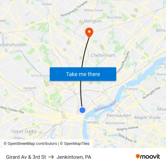 Girard Av & 3rd St to Jenkintown, PA map