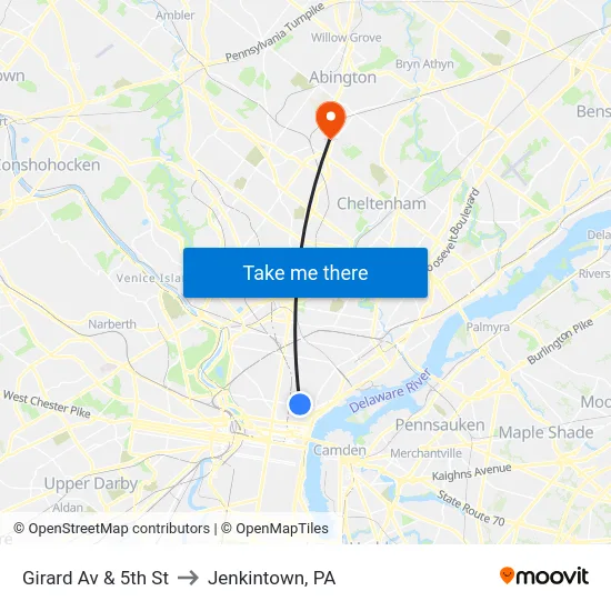 Girard Av & 5th St to Jenkintown, PA map