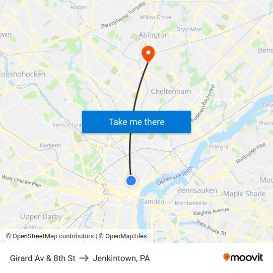 Girard Av & 8th St to Jenkintown, PA map