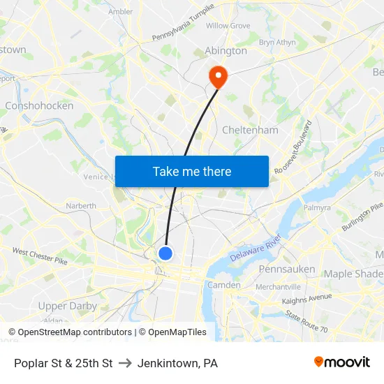 Poplar St & 25th St to Jenkintown, PA map