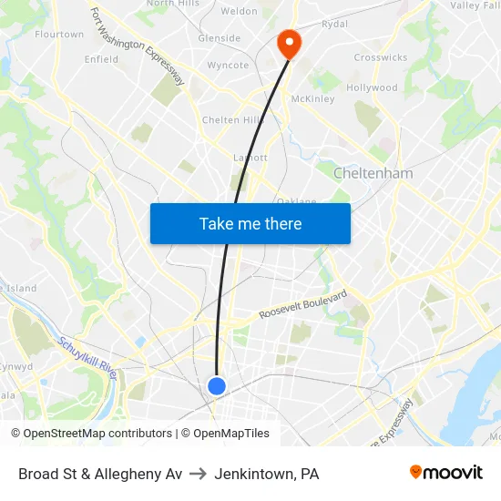 Broad St & Allegheny Av to Jenkintown, PA map