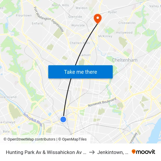 Hunting Park Av & Wissahickon Av - FS to Jenkintown, PA map