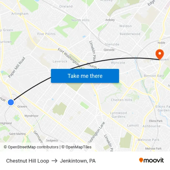 Chestnut Hill Loop to Jenkintown, PA map