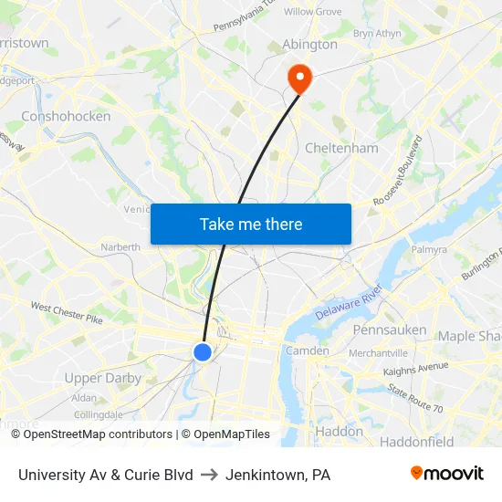 University Av & Curie Blvd to Jenkintown, PA map
