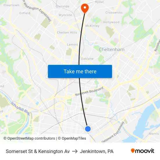 Somerset St & Kensington Av to Jenkintown, PA map